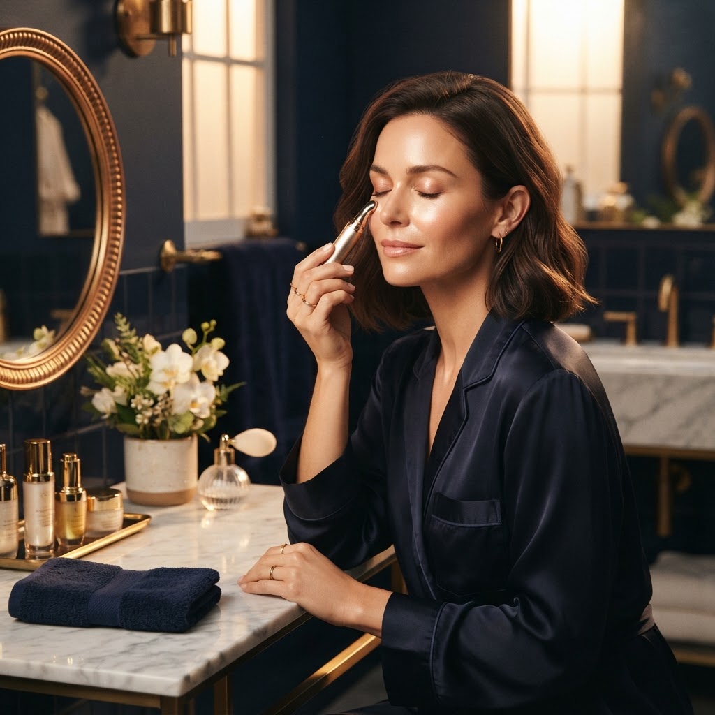 Woman using Velvoria 4-in-1 Radiance Eye Renewal Wand