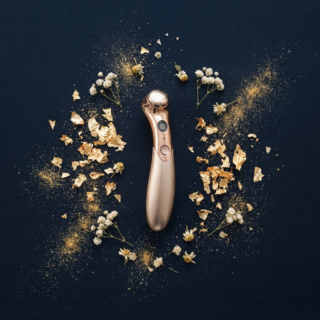 Velvoria 4-in-1 Radiance Eye Renewal Wand flat lay — navy and gold