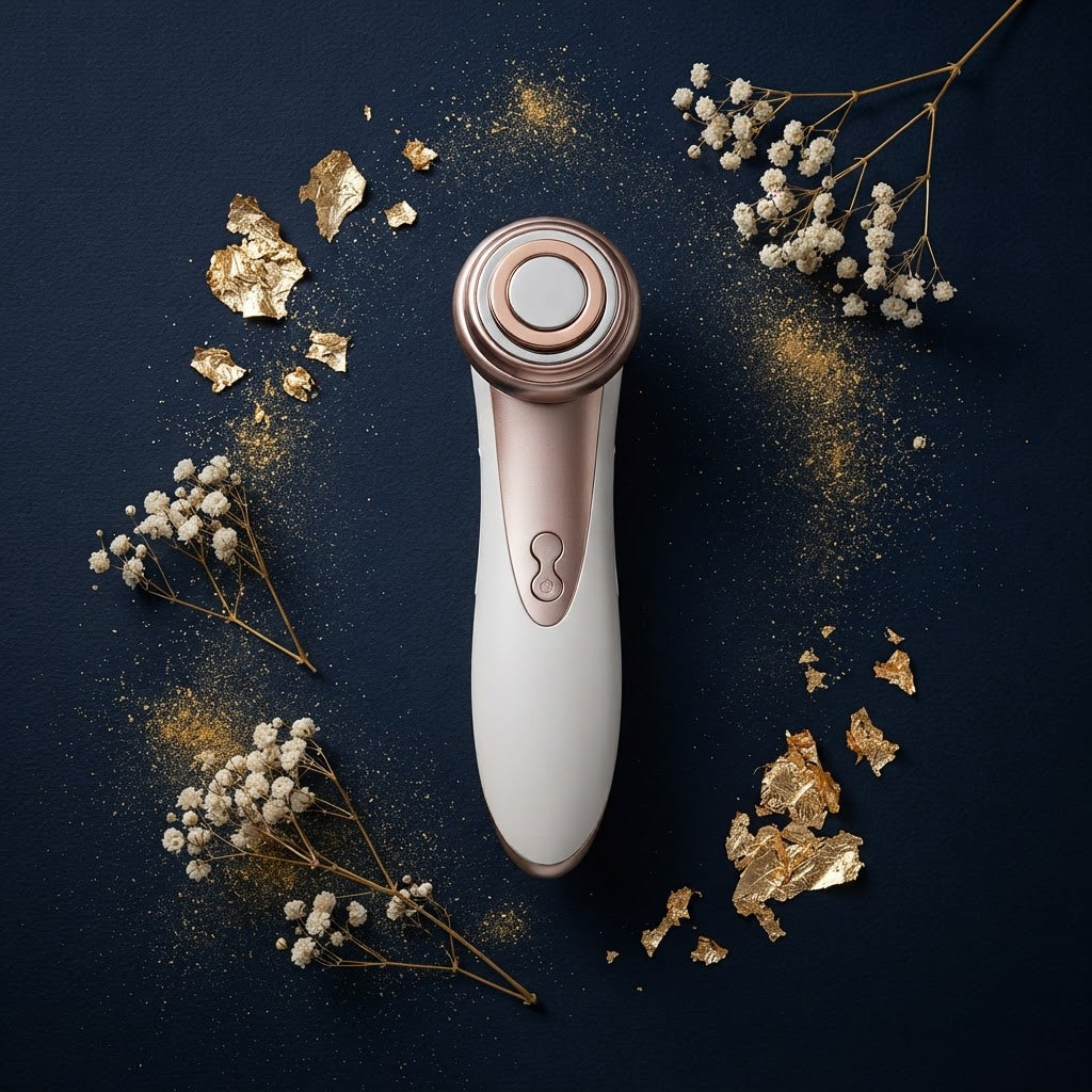 Velvoria Radiance RF Microcurrent Face Lifting Device flat lay with dried flowers and gold dust on navy background